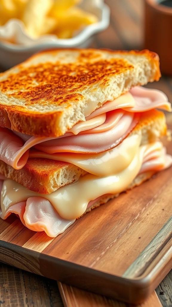 Toasted ham and cheese sandwich with melted cheese and crispy bread on a cutting board.